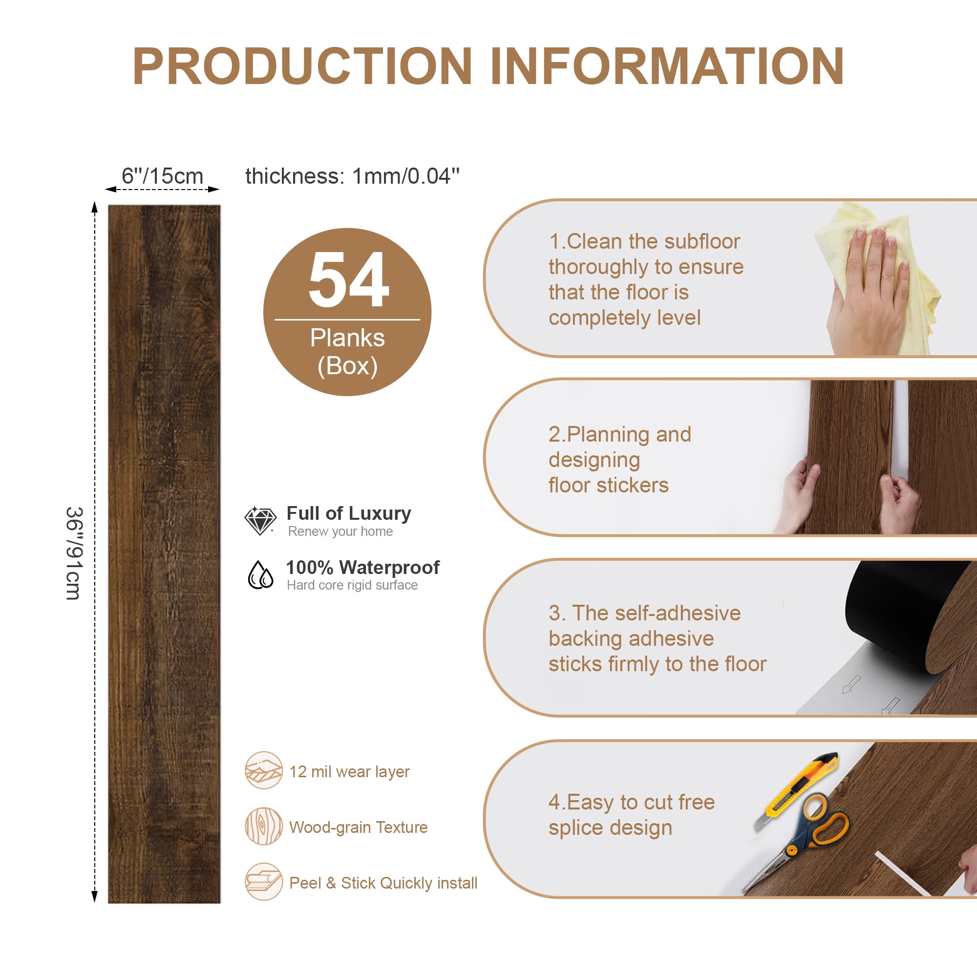6''W x 36''L Peel & Stick, Vinyl Plank Flooring, Wood Grain, Self-adhesive And Waterproof Tile Sticker, DIY Stickers-for Decorating Living Rooms, Bedrooms, Offices,,54pcs (cover 81 Sq. ft)