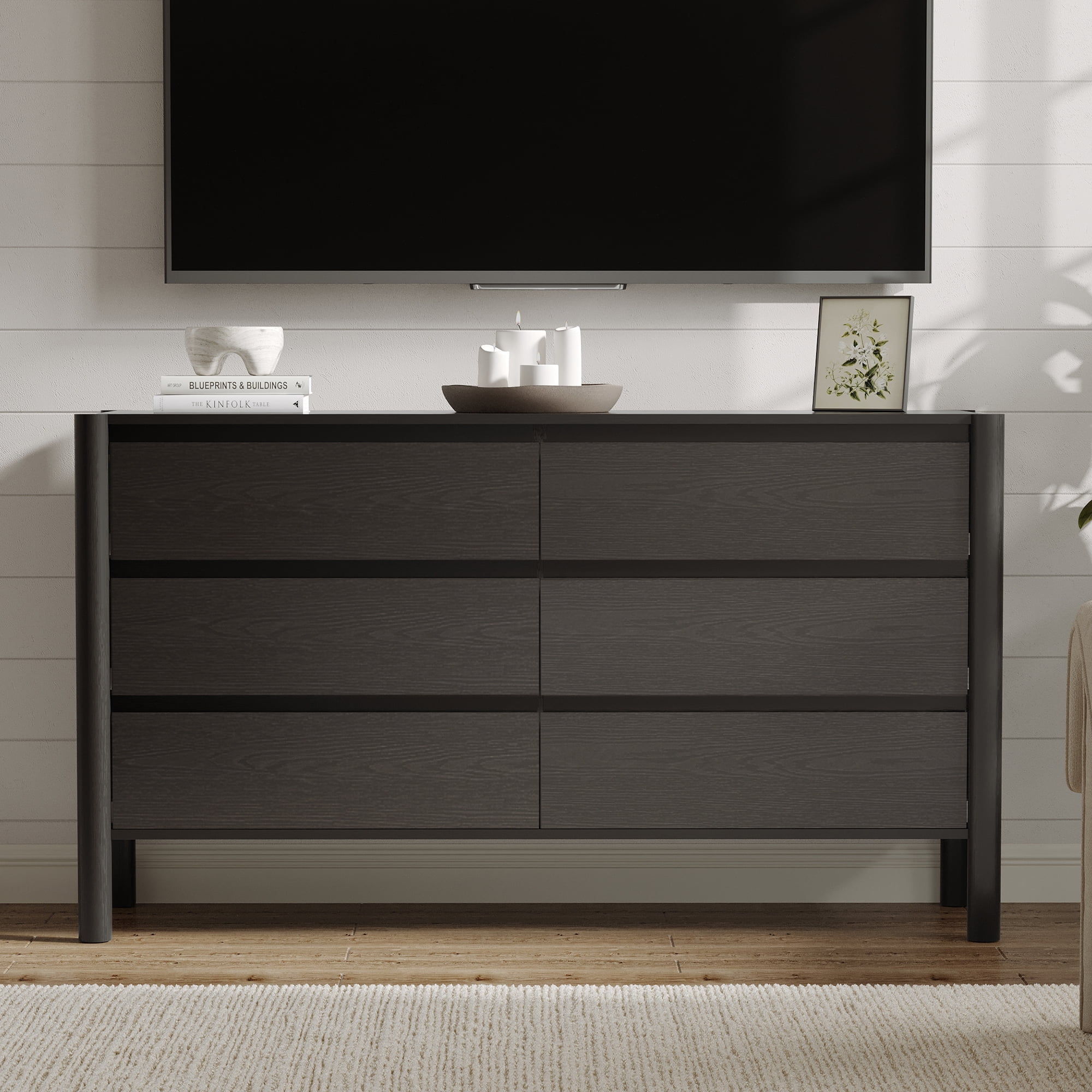 HOUROM Dresser for Bedroom,6-Drawers,47" Wide Farmhouse Large Dressers & Chest,4 Solid Wood Legs,TV Stand, Storage Organizer Furniture for Bedroom(Black)