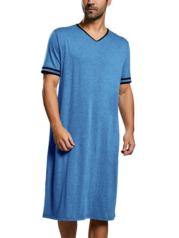 NGMQ Mens Cotton Nightgown Pajamas Short Sleeve Sleepwear V Neck ...