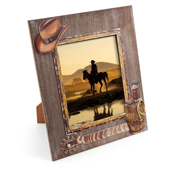 Western Cowboy 8x10 Picture Frame, 3D Rustic Wooden Photo Frame with Cowboy Hat & Boot Accents, Tabletop & Wall Mount Decor