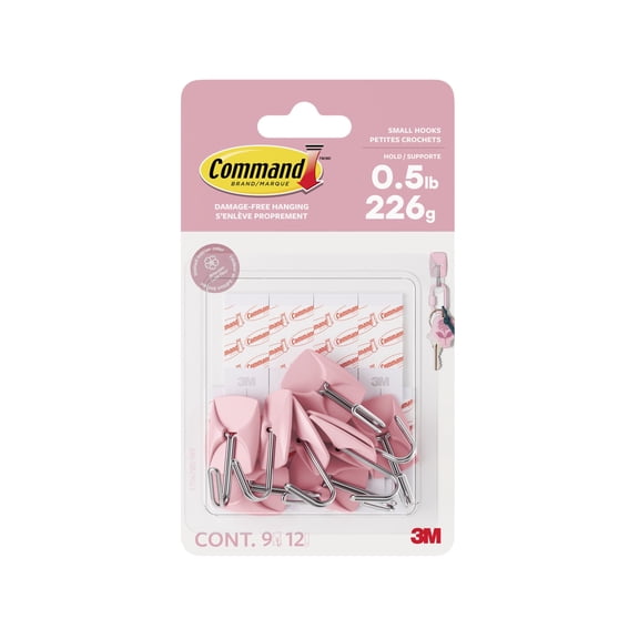 Command Small Wire Hooks, Blossom, Holds .5 lbs, 9 Hooks, 12 Adhesive Strips