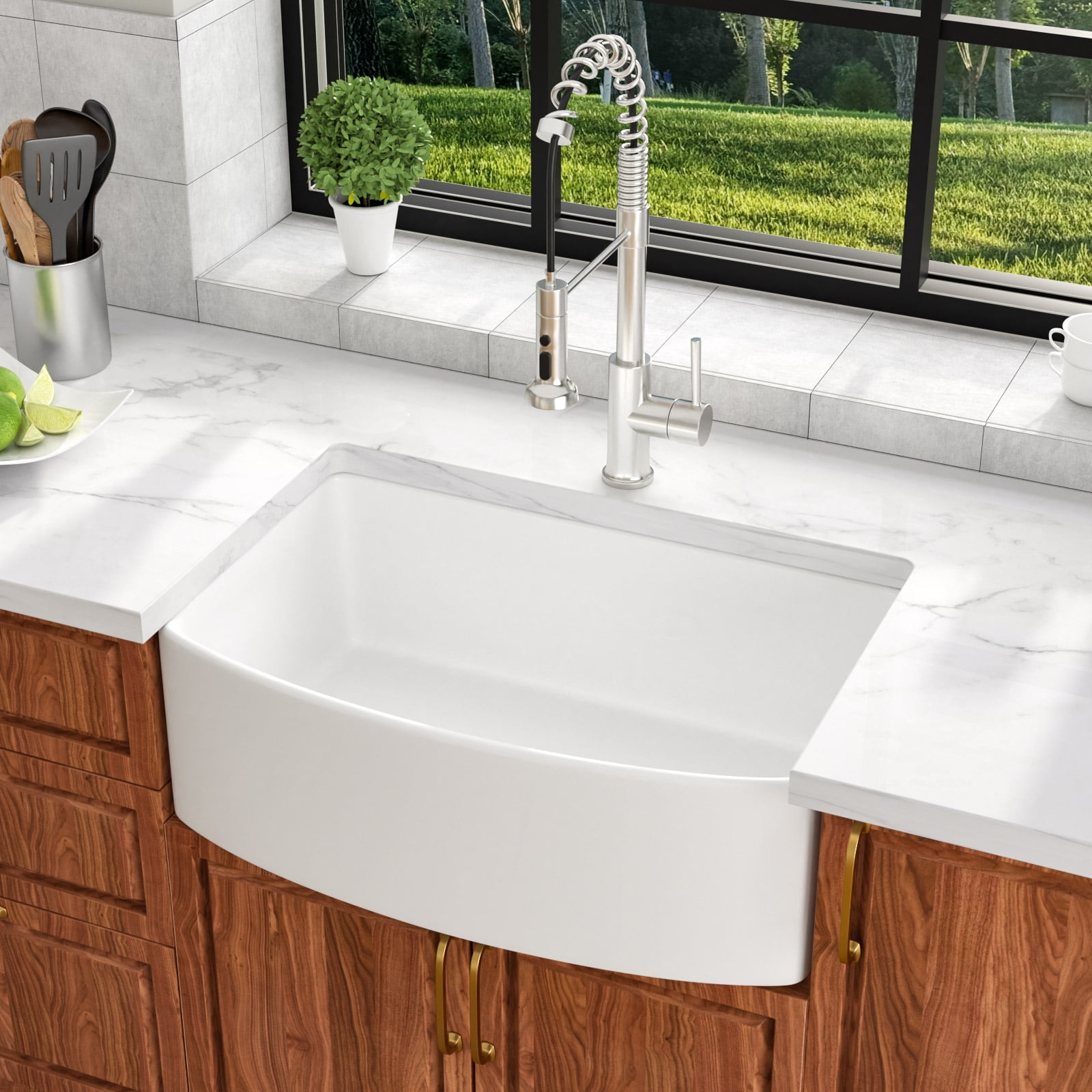 30" Ceramic Farmhouse Kitchen Sink Single Bowl with Bottom Grid and Drain Assembly