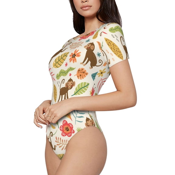 Rateoe Monkeys in the Jungle Printed Women Rash Guard Short Sleeve,Tummy control Swimsuit Surfing Swimsuit Bathing Suit Short-sleeved Onesie UPF 50 