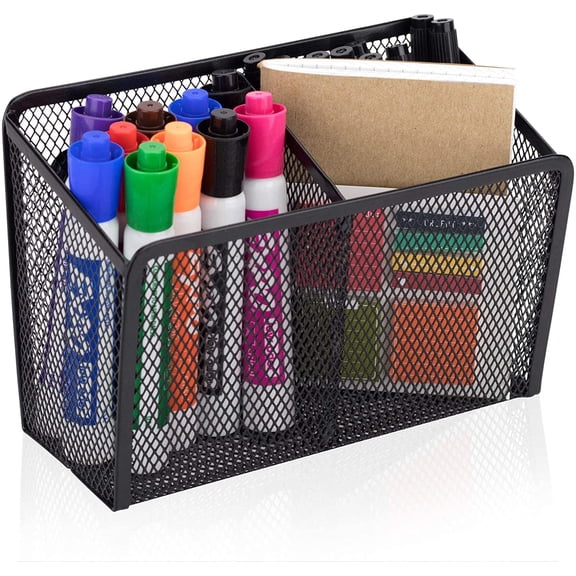 GIXUSIL Magnetic Pencil Holder Organizer Perfect for Locker Fridge Whiteboard Office 2 Compartments​ Metal Mesh Storage Bin for Marker Eraser Supplies, Black