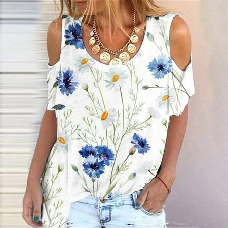 

OKBOP Breast Cancer Scrub Tops Women Fashion Short Sleeve Printing Round Neck Leaky Shoulder Loose Casual Peasant Blouses for Women Plus Size Halloween Shirts for Women