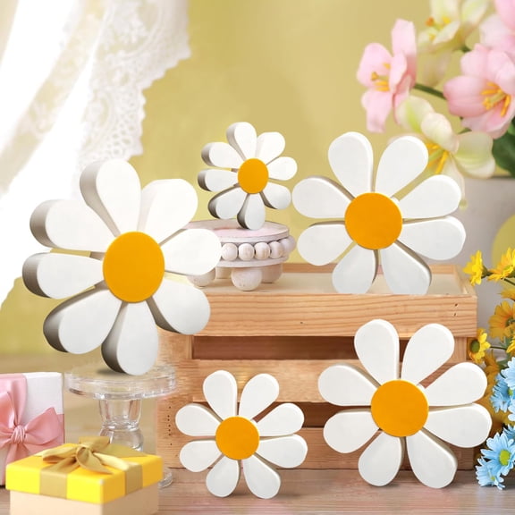 Homelyt Wood Flowers Set of 3 3D Wooden Daisy Decor Small Medium Large Natural Spring Table Centerpiece for Home Wedding Shelf