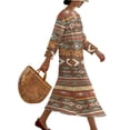 thumbnail image 5 of SCRAWLGOD American Tribal Print Cyan Brown Tunic Dress for Women 3/4 Sleeve V-Neck Lightweight Breathable Midi Linen-Look Dress Beach Oversized Loose Fit Sundress, XXL, 5 of 6