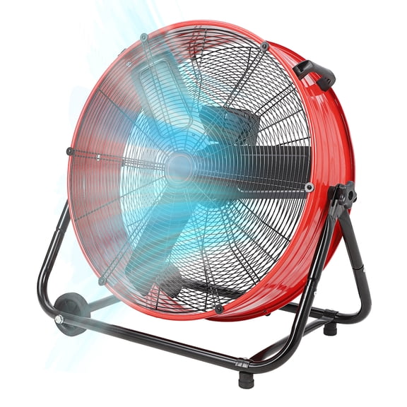High Speed Industrial Drum Fan - 24 Inch Metal Floor Fan with 3 Speeds, 360 Adjustable Tilt, Heavy Duty Air Circulator for Warehouse, Garage, Workshop, Factory, Basement Red