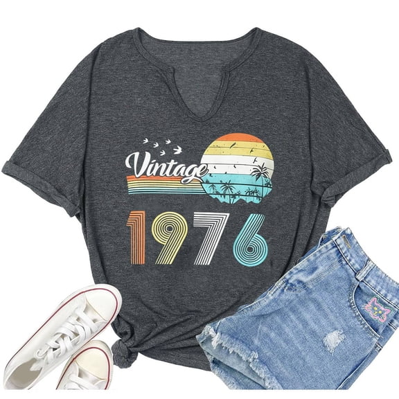 IWRICH Vintage 1976 T Shirts for Women 50th Birthday Shirts Gifts Born in 1976 Tshirt Retro Short Sleeve Tee Tops Grey XL