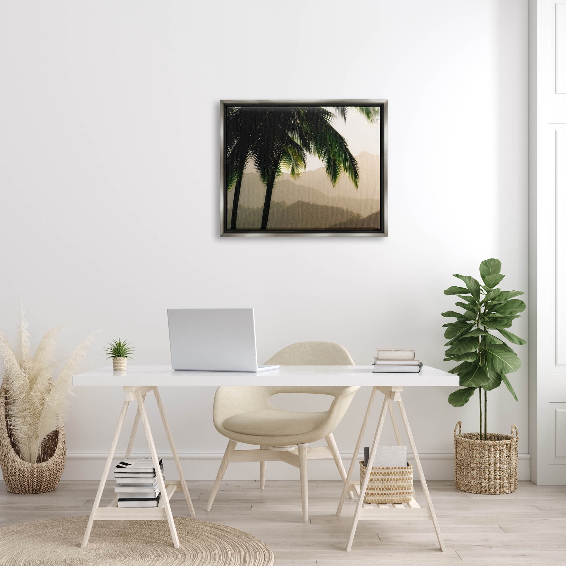 Stupell Industries Palm Trees At Sunrise Mountain Range Photograph Luster Gray Floating Framed Canvas Print Wall Art, Design by Dennis Frates