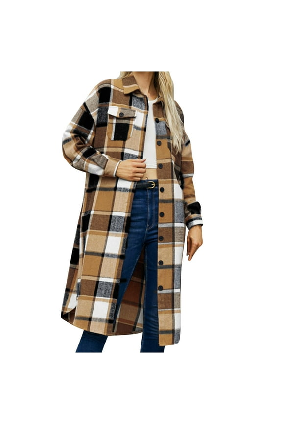 Women Coats Plus Size Women Coats Clearance Hoodie Jackets for Women Casual Plaid Long Wool Blend Coat Shacket Jackets Casual Boyfriend Flannel Shirts Pocket Cardigan Coat