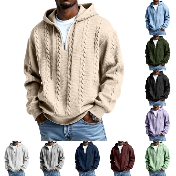 Quarter Zip Hoodie Men Long Sleeve Casual Thermal Hooded Sweatshirt Textured Athletic Workout Warm Loose Fall Tops Gray L