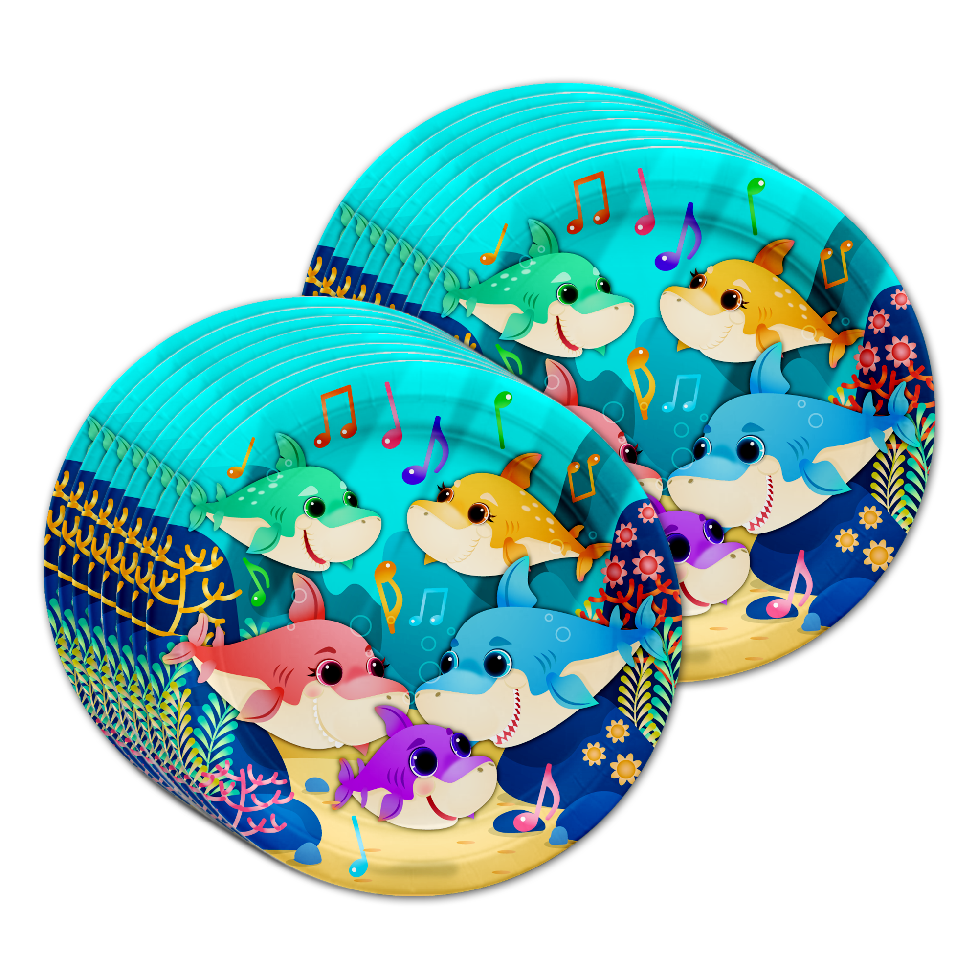 Colorful Musical Shark Party Supplies for Baby's 1st Birthday, Kid's Birthdays, and Baby Shower Shark Themed Parties - Tableware Sets with Plates, Napkins, and Cups | Kit for 16