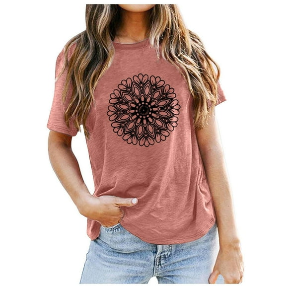 LUOGENLI Female T-shirts for Womens Women's Flower T Shirt Cute T Shirt Casual Short Sleeved Print T Shirt Top Womens T-shirts Graphic Tees Valentines Tee T-shirts Womens Big and Tall Easter L