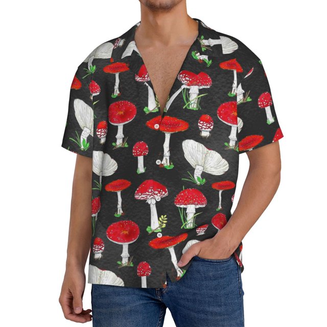 Balery Red Mushrooms Camisa Casual de Manga Corta con Botones para Hombre, Texturizada, Estilo Cubano, para Playa, Verano-X-Large