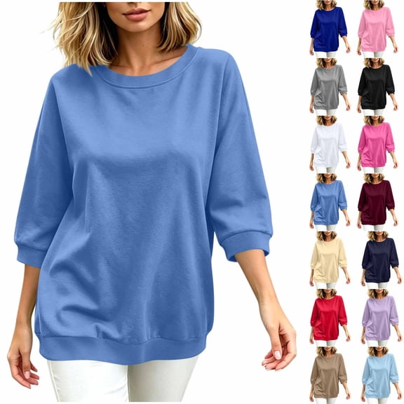 Stamzod 3/4 Length Sleeve Womens Tops Casual Loose Crewneck Sweatshirt Fall Fashion Dressy Work Blouse Navy L