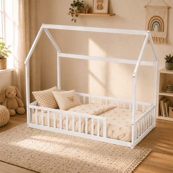 Miniyam Twin Size House Floor Bed for Kids, Wood Low Profile Bed Frame with Guardrails, White