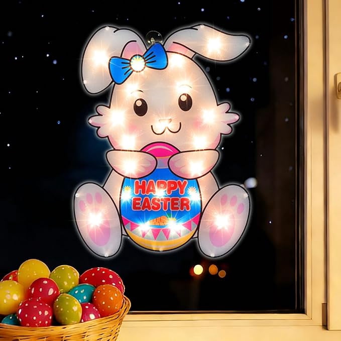 17-Inch Pre-Lit Easter Egg Window Silhouette, Bunny and Egg Themed Lighted Window Decor
