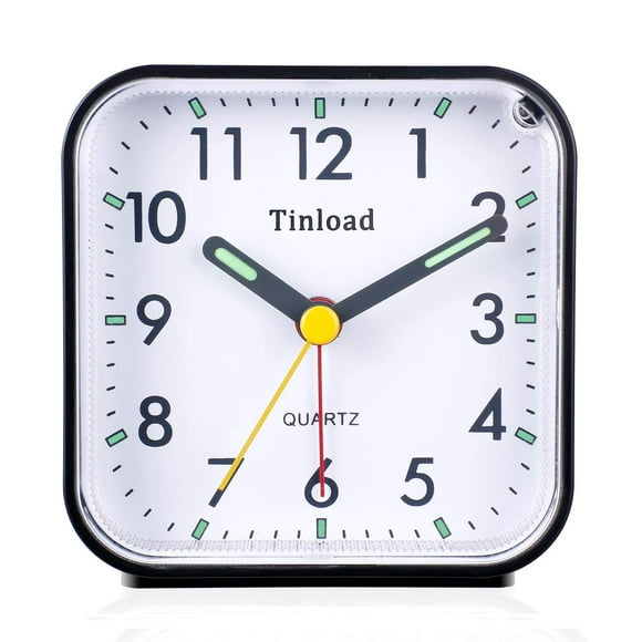 Tinload - Reloj despertador analógico pequeño con pilas, silencioso, sin tictac, pitidos ascendentes, función de repetición, funciones de luz, fácil de configurar (negro)