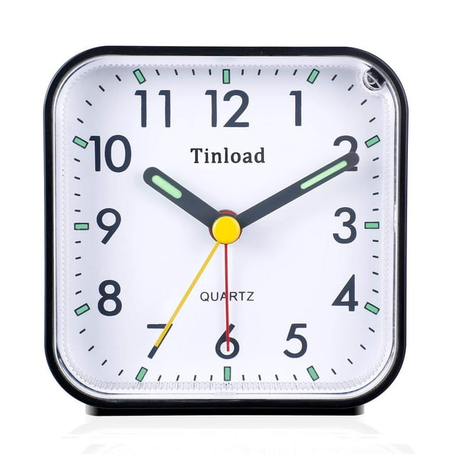 Tinload - Reloj despertador analógico pequeño con pilas, silencioso, sin tictac, pitidos ascendentes, función de repetición, funciones de luz, fácil de configurar (negro)