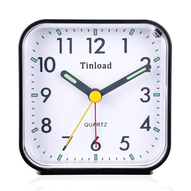 Tinload - Reloj despertador analógico pequeño con pilas, silencioso, sin tictac, pitidos ascendentes, función de repetición, funciones de luz, fácil de configurar (negro)
