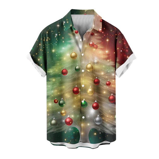 Mens Manga Corta Botón Abajo Camisas, Cuello de Vuelta Navidad Impresa Blusa, Top de Moda Casual