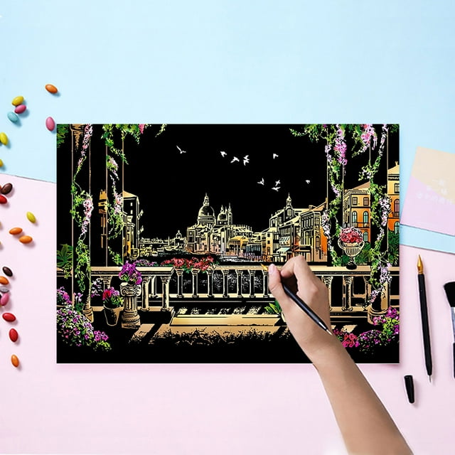 Kit d'Art à Gratter Nightscape DIY pour Adultes et Enfants Révélant des Designs Cachés Activité Éducative