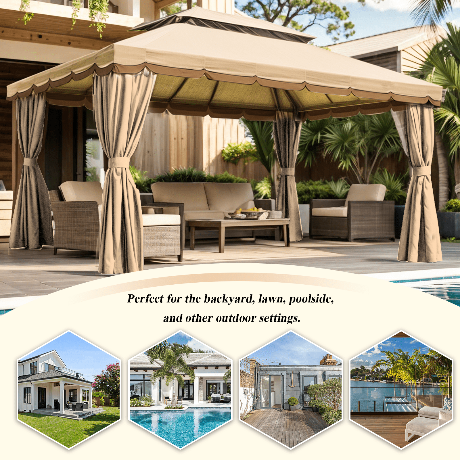 Grezone 10×13 FT Deluxe No Screws Gazebo,Double Roof Outdoor Shelter Tent with Mosquito Nettings and Privacy Screens