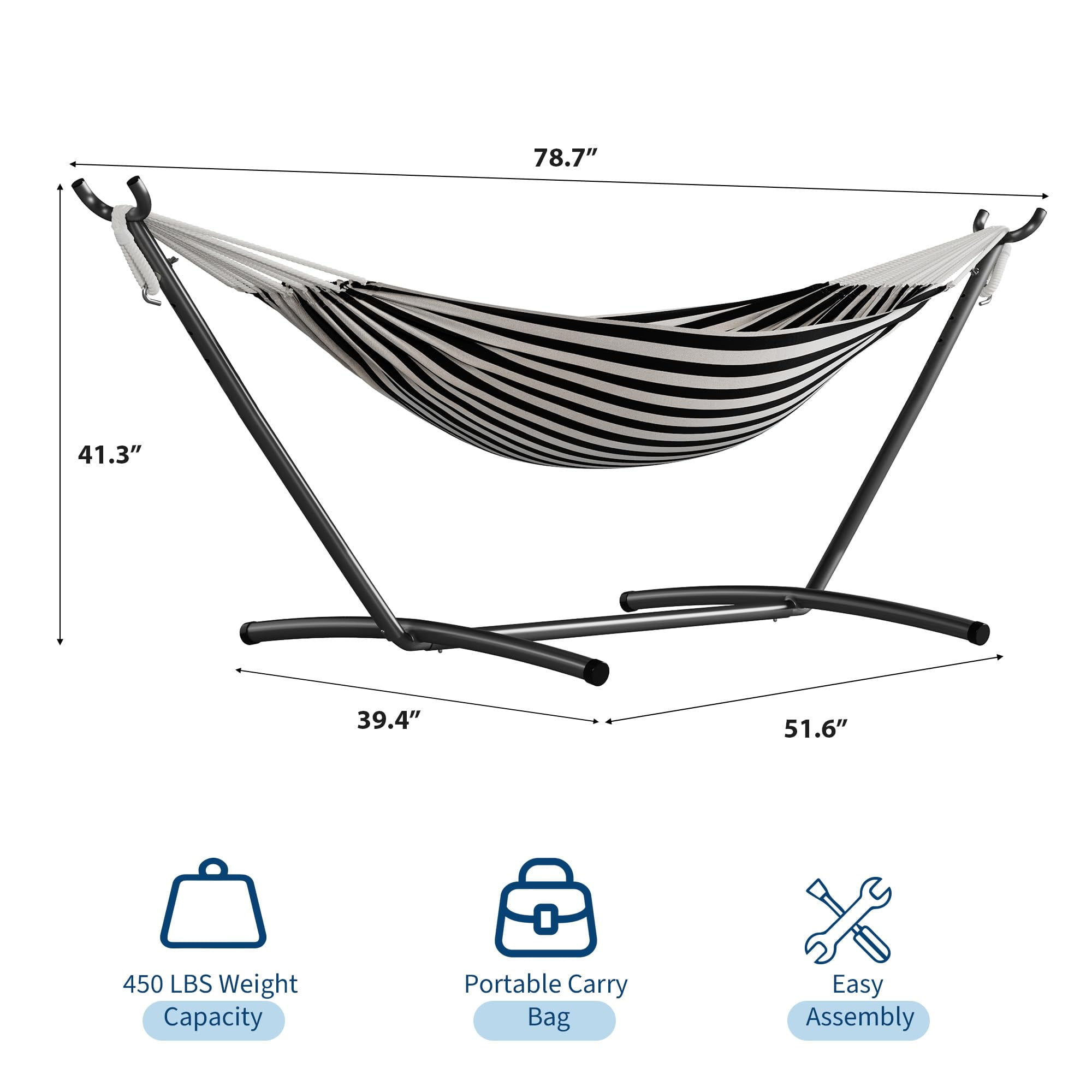 2 Person Double Hammock with Collapsible Heavy Duty Steel Stand - 450lbs Capacity Cotton Bed - Portable & Space-Saving - Indoor Outdoor Patio Camping Garden - Carry Bag - Black