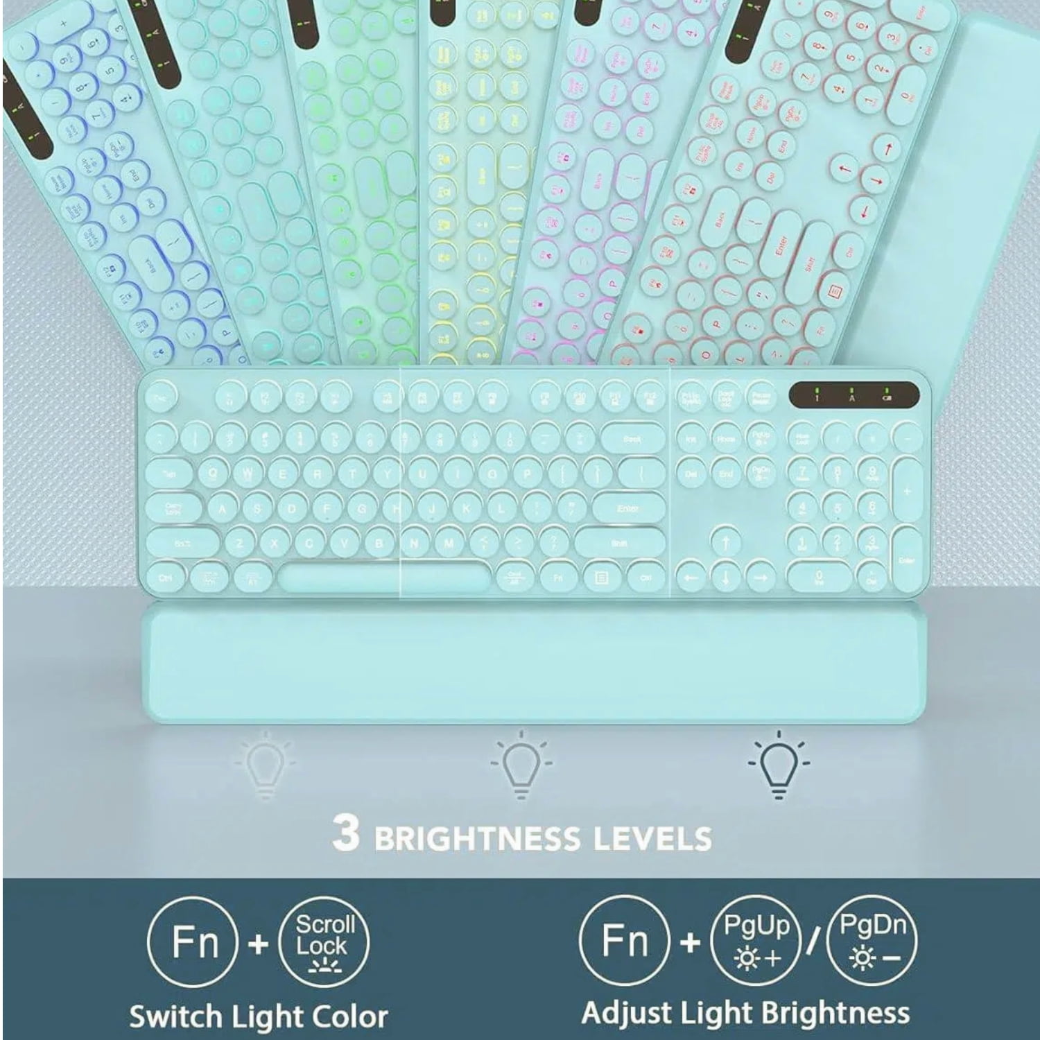 Wagpak Wireless Keyboard and Mouse Backlit - Retro Round Keycaps, Detachable Wrist Rest, Mint Green, New, 1 Count