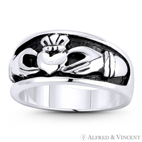 Irish Claddagh Hands & Heart Charm 4-9mm Love & Friendship Promise Band in Oxidized .925 Sterling Silver