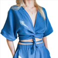 thumbnail image 1 of Blusas de Corta con Cuello en V para Mujer, Estilo Babydoll, con Lazo Frontal, Tops Cortos Informales Azul L, 1 of 10