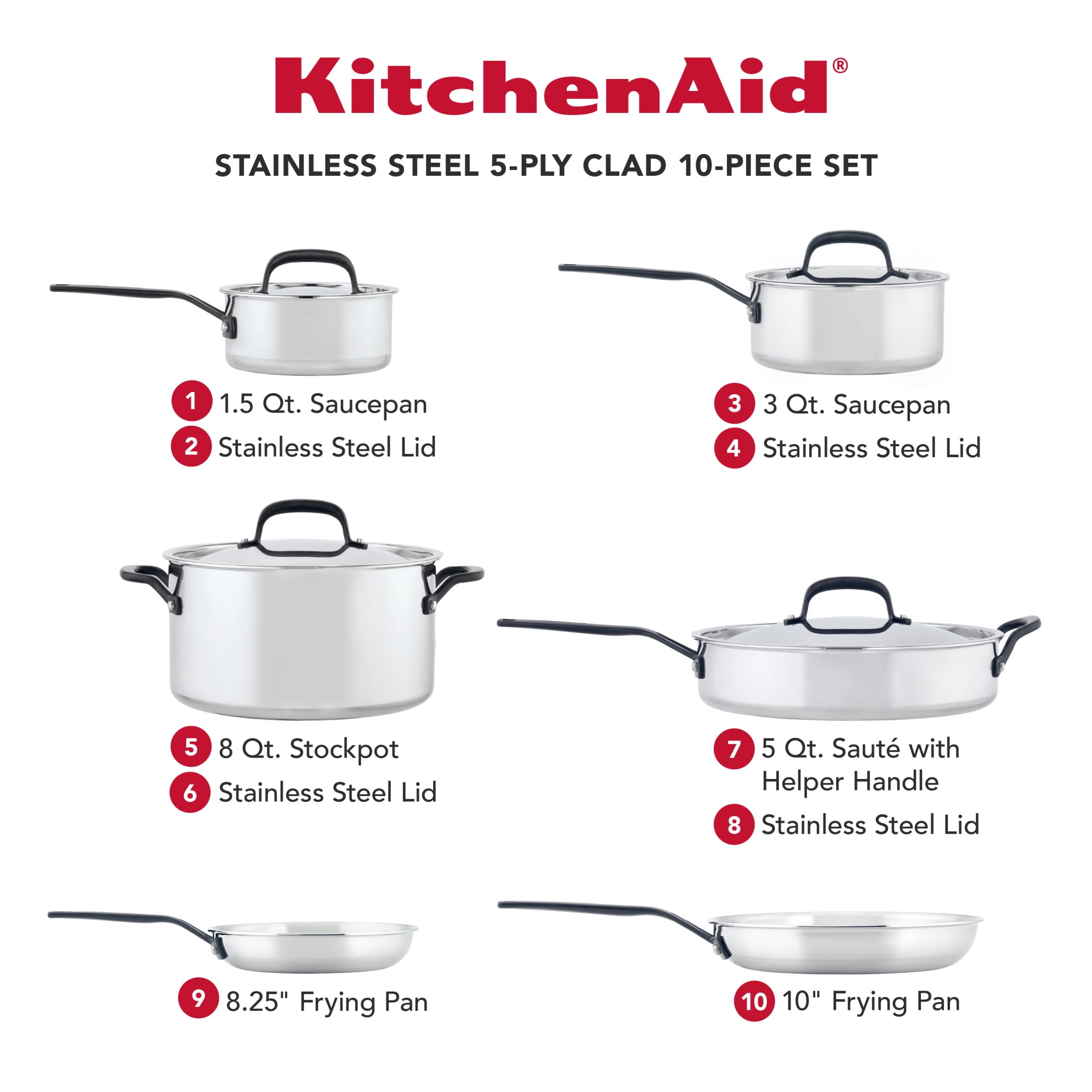 KitchenAid 10-Piece 5-Ply Clad Stainless Steel Cookware Set +