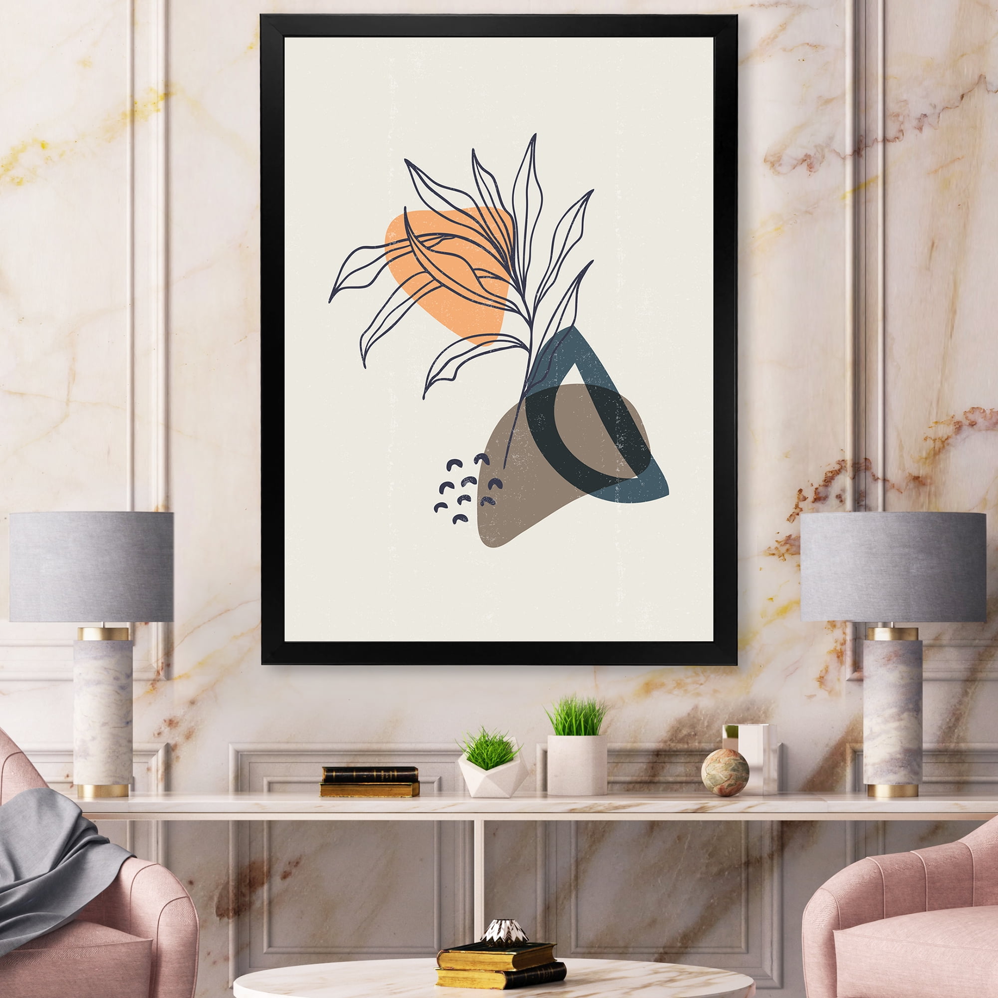 Designart 'Minimalist Shapes With Ancient Plant I' Modern Framed Art Print