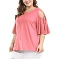 thumbnail image 4 of DARING DIVA Women's Plus Cold Shoulder Bell Casual Sleeve Top 1X Pink, 4 of 5