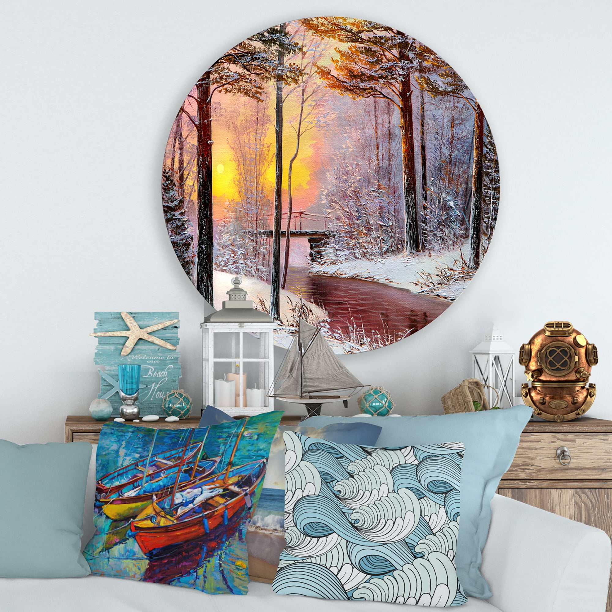 Designart 'Christmas Forest With Trees and River IV' Traditional Circle Metal Wall Art 29x29 - Disc of 29