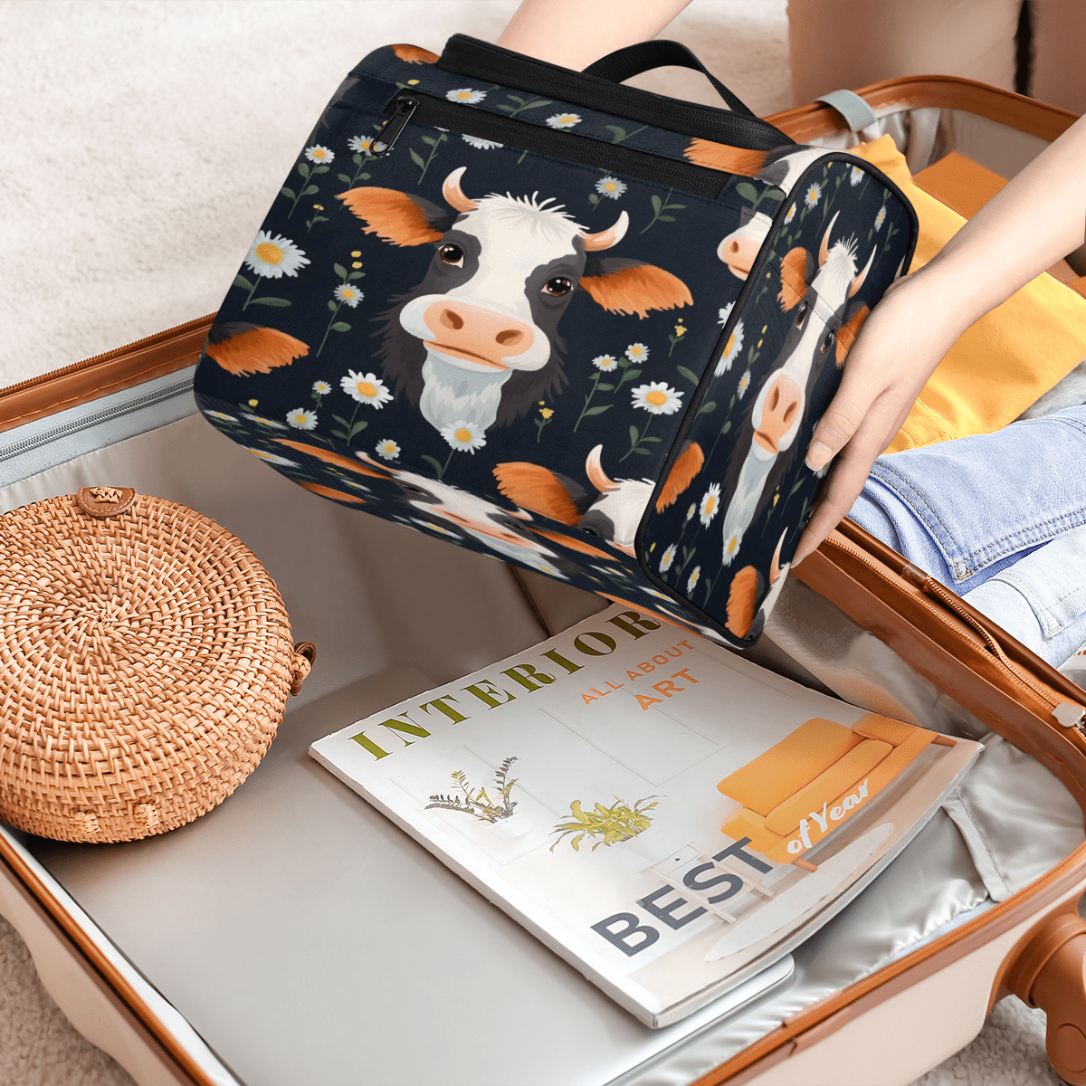 Herdesigns Floral Cow Toiletry Bag for Women, Travel Makeup Bag, Waterproof Hanging Cosmetic Organizer for Toiletries & Makeup Essentials