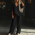 thumbnail image 5 of IUYRTFE Women's V-Neck Short Sleeve Top and Wide Leg Pants Set with Pockets Casual 2 Piece Lounge Outfit, 5 of 6
