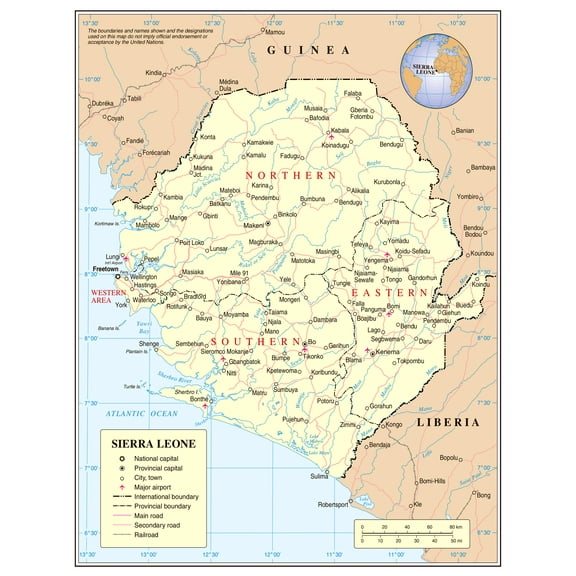 Palmetto Posters 24x31 Laminated Poster: Large detailed political and administrative map of sierra leone with roads railroads cities and airports