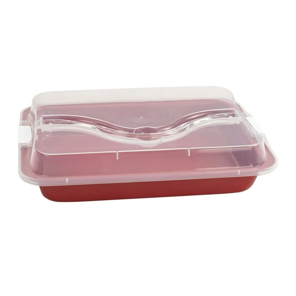 Holiday Time Bakeware Rectangular Cake Pan with Plastic Lid, Red, Handle, Non-Stick, Carbon Steel