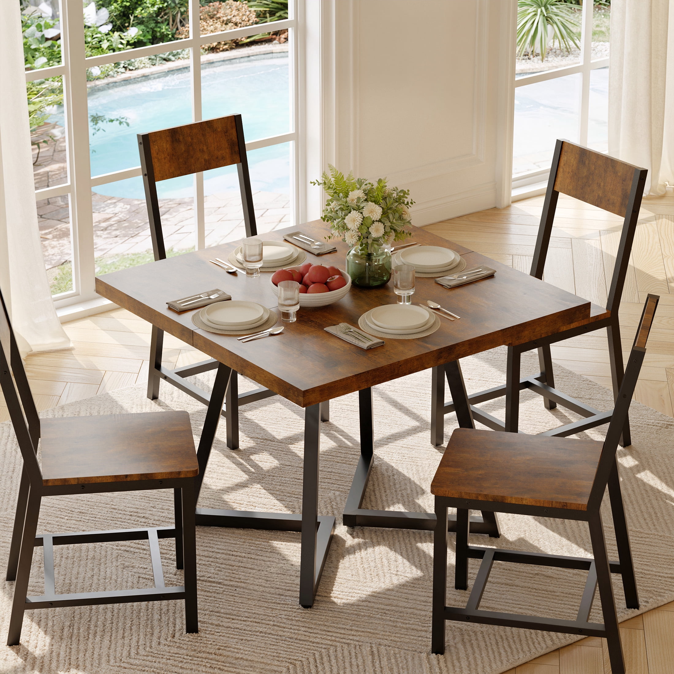 Gelloan 5-Piece Dining Table Set with 4 Chairs, Wooden Kitchen Table & Chairs Set for 4, Industrial Dinner Table with Metal Base, Perfect for Small Space, Easy Assembly,Rustic Brown