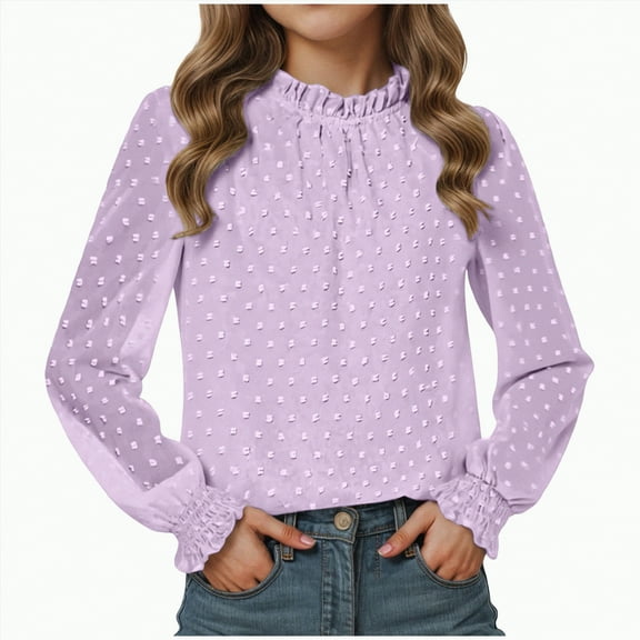 Gvdentm Clothes for 13 Year Old Girls Girls Long Sleeve Shirts Casual Crew Neck Lace Loose Blouse Tops(Light Purple,11-12 Years)