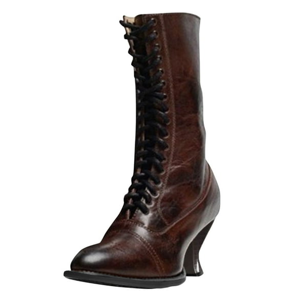 YLYL Women Victorian Boots 70s Vintage Lace up Mid Calf Halloween Almond Toe Block Heels Witch Booties