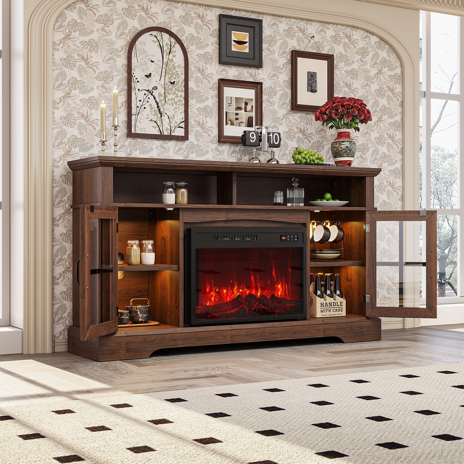 BaPiPro 58" Fireplace TV Stand with 23" Electric Fireplace for TVs up to 70", Media Entertainment Center Console Table, Rustic Brown