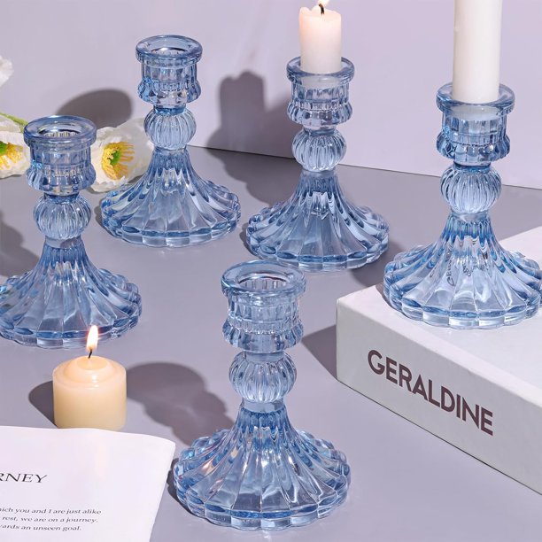Juego de 12 portavelas azules de 4 pulgadas de alto para velas cónicas, portavelas de vidrio a granel para bodas, fiestas, centros de mesa del hogar, regalos de festivales y decoración de