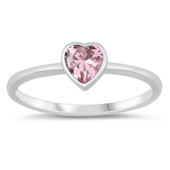 Heart-Shape Pink CZ Solitaire Ring Sterling Silver Size 7