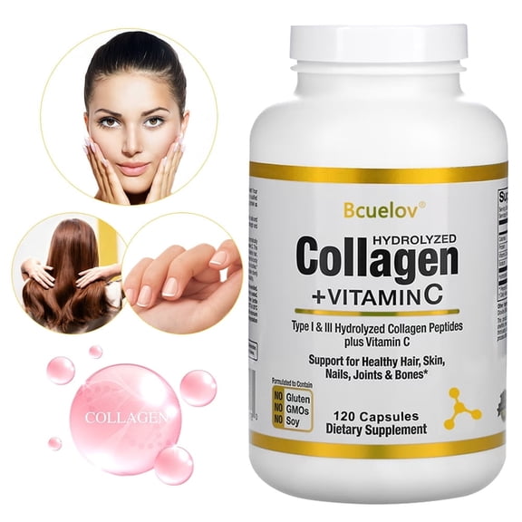 Hydrolyzed Collagen   Vitamin C - Featuring Type I and III Hydrolyzed Collagen - Support Skin, Hair, Nails, Joints & Bones Health - 120 Capsules