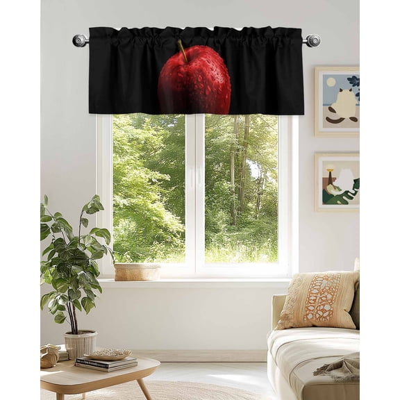 Valance for Windows,Red Apples Painting Valances Curtain Rod Pocket Valance for Kitchen Bedroom Living Room Bathroom,Water Drop Fruit on Black Short Curtains Window Treatment 42x12in