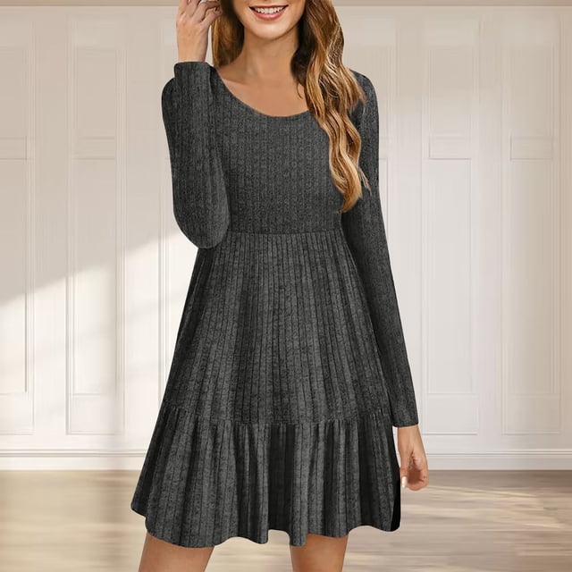 Xysaqa Robe Chandail Mini à Manches Longues en Tricot Côtelé pour Femmes Robe Tunique à Volants Décontractée S-TTG