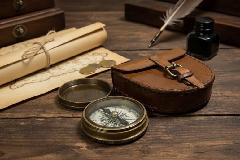 Maritime treasures Vintage Brass Pocket Compass with Leather Case | Antique Style Nautical Compass for Hiking, Travel, Desk Decor & Gift